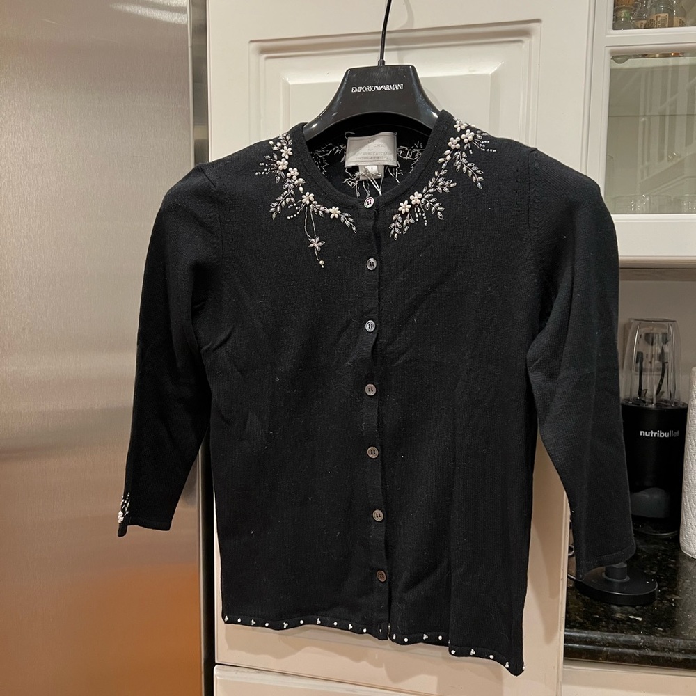 Black silk & cashmere cardigan adorned w/ pearl and crystal beads. NWT size S.